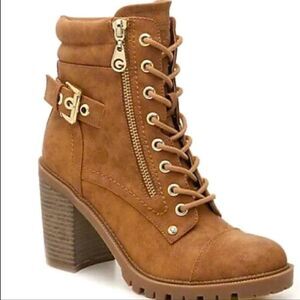 Guess 9.5 M Jaylee Light Brown Faux Leather Lace-up Side Zip Heeled Ankle Boots